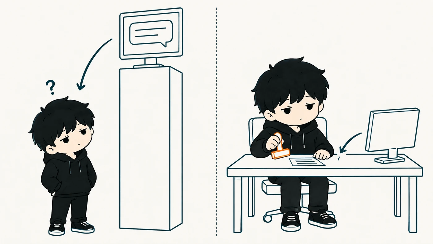 左は、AIを高い所に置いて答えを待つ関係。右は、自分が決める席に座り、隣のAIが出した案を見て判断する関係。