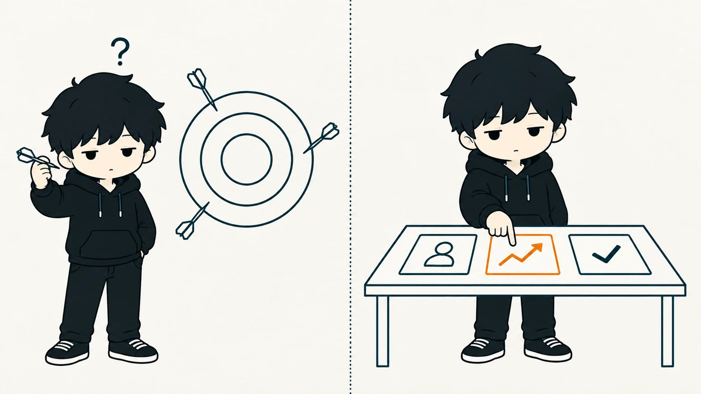 左は、材料なしで的の真ん中を当てにいく頼み方。右は、渡された材料（相手・伸びた例・基準）を見比べて選ぶ頼み方。