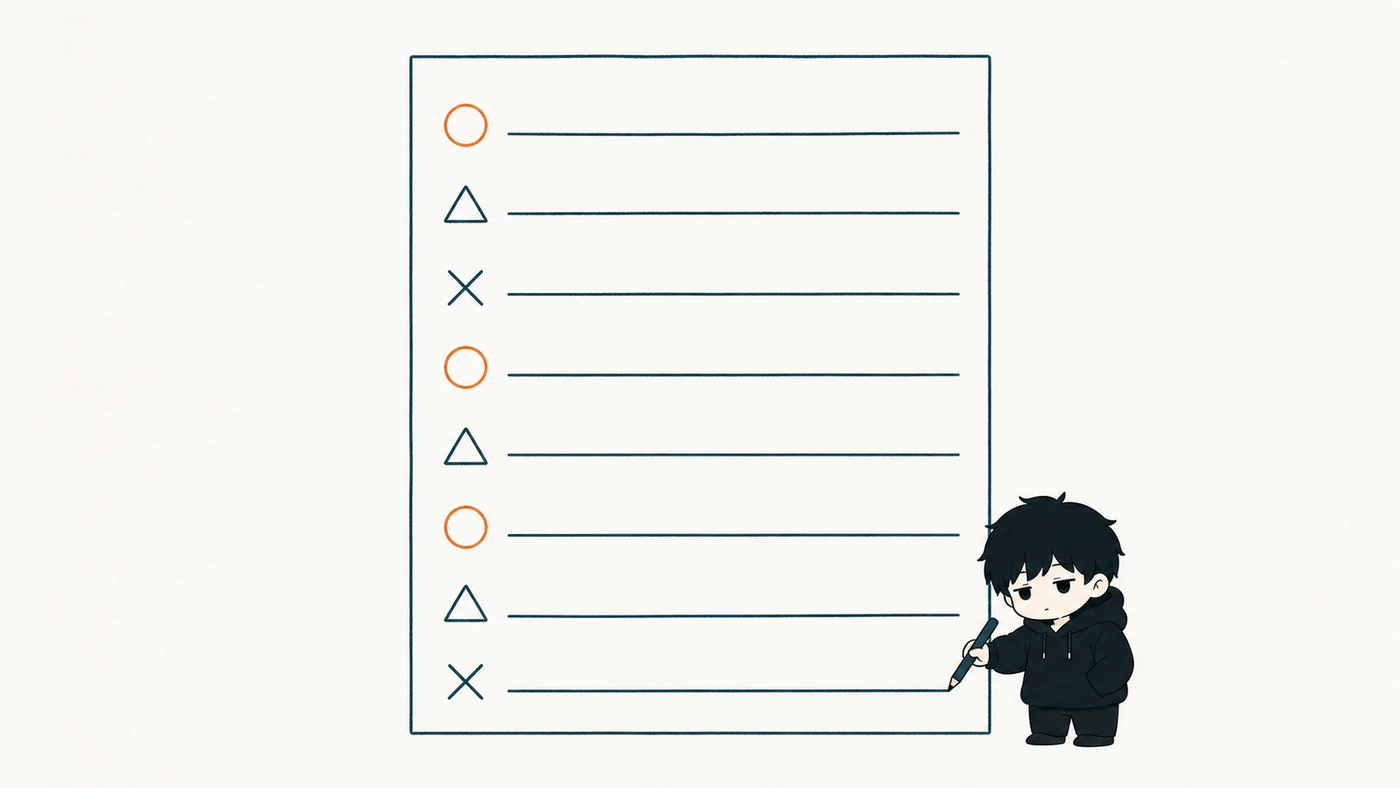 印を付け終わった1枚。○△×がひととおり並んでいる状態